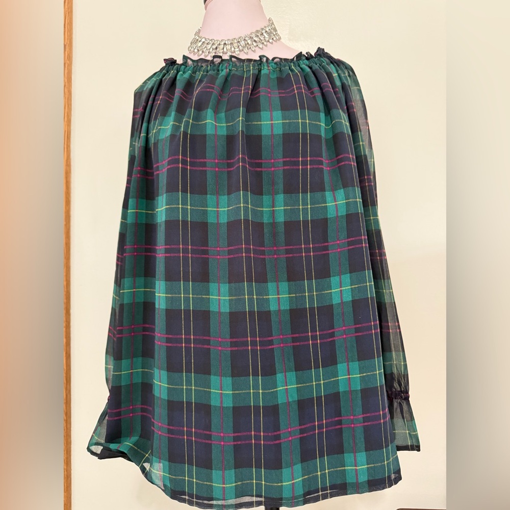 Talbots black/ green plaid long sheer sleeve blouson in size XLP